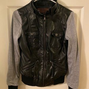 Ci Sono Black Leather Jacket with Gray Sweatshirt Sleeves